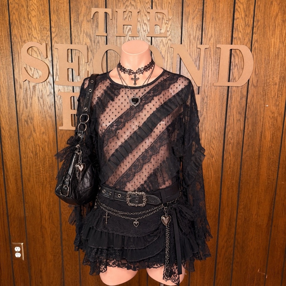 Black Lace Ruffle Mesh Top Calligraphie Womens M Whimsigoth Witchy Dark Coquette
